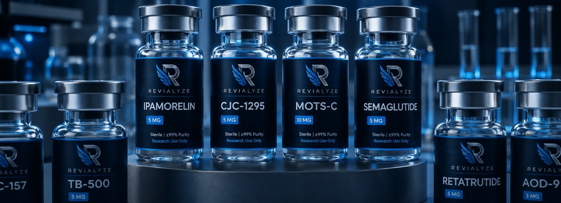 Revialyze research compound vials including Ipamorelin, CJC-1295, MOTS-C, Semaglutide, Retatrutide and more
